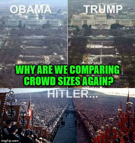 Just Sayin' | WHY ARE WE COMPARING CROWD SIZES AGAIN? | image tagged in crowd,trump,obama | made w/ Imgflip meme maker