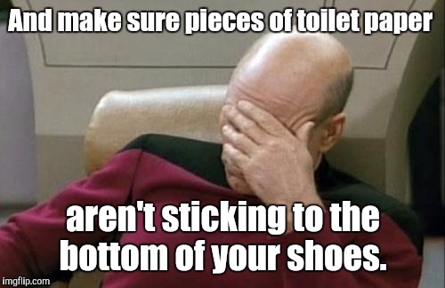 Captain Picard Facepalm Meme | And make sure pieces of toilet paper aren't sticking to the bottom of your shoes. | image tagged in memes,captain picard facepalm | made w/ Imgflip meme maker