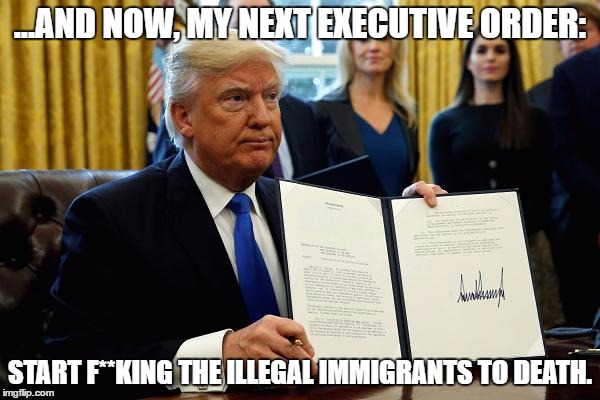 Immigration Policy | ...AND NOW, MY NEXT EXECUTIVE ORDER:; START F**KING THE ILLEGAL IMMIGRANTS TO DEATH. | image tagged in donald trump approves,donald trump | made w/ Imgflip meme maker