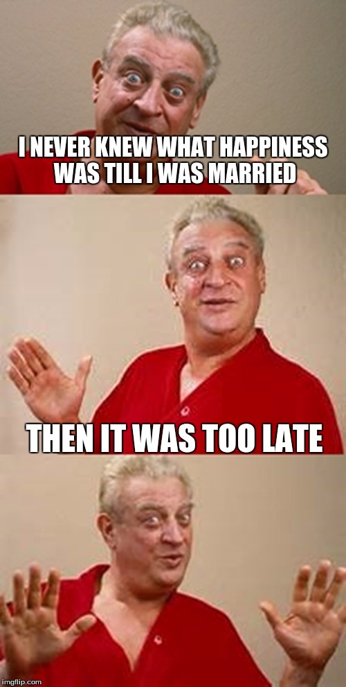 bad pun Dangerfield  | I NEVER KNEW WHAT HAPPINESS WAS TILL I WAS MARRIED; THEN IT WAS TOO LATE | image tagged in bad pun dangerfield | made w/ Imgflip meme maker