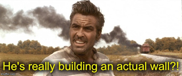 NO-CLOONEY | He's really building an actual wall?! | image tagged in cloony wtf | made w/ Imgflip meme maker