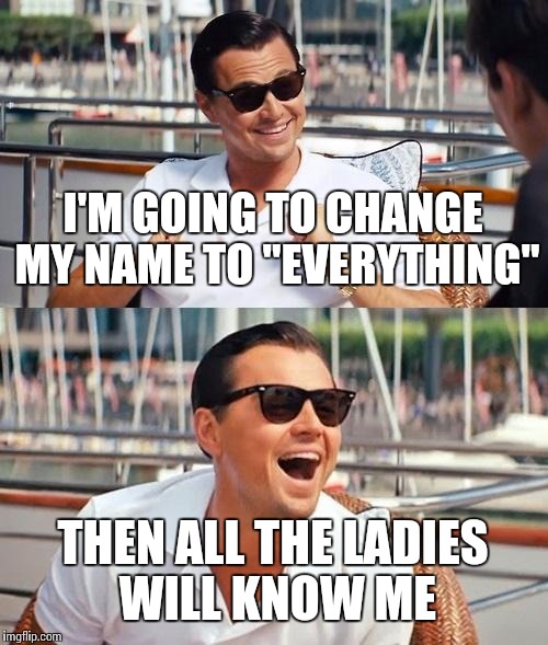 Leonardo Dicaprio Wolf Of Wall Street | I'M GOING TO CHANGE MY NAME TO "EVERYTHING"; THEN ALL THE LADIES WILL KNOW ME | image tagged in memes,leonardo dicaprio wolf of wall street | made w/ Imgflip meme maker