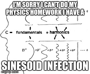 Sinesoidal | I'M SORRY I CAN'T DO MY PHYSICS HOMEWORK I HAVE A; SINESOID INFECTION | image tagged in physics,harmonics,sine wave,funny | made w/ Imgflip meme maker