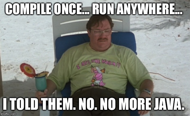 How I felt after quitting my job and giving up on Java  | COMPILE ONCE... RUN ANYWHERE... I TOLD THEM. NO. NO MORE JAVA. | image tagged in java | made w/ Imgflip meme maker