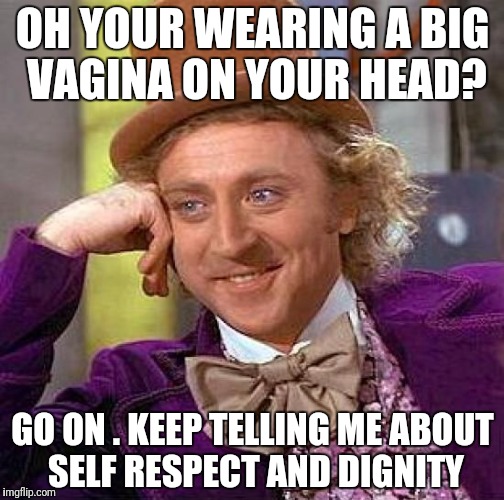 Creepy Condescending Wonka Meme | OH YOUR WEARING A BIG VA**NA ON YOUR HEAD? GO ON . KEEP TELLING ME ABOUT SELF RESPECT AND DIGNITY | image tagged in memes,creepy condescending wonka | made w/ Imgflip meme maker