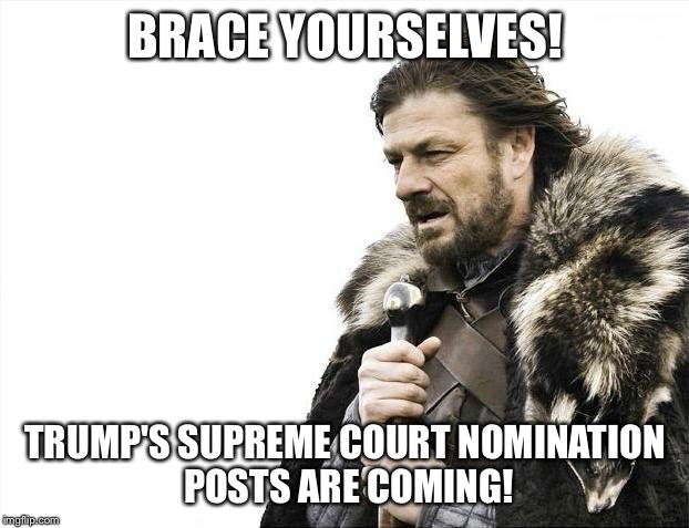 Brace Yourselves X is Coming Meme | BRACE YOURSELVES! TRUMP'S SUPREME COURT NOMINATION POSTS ARE COMING! | image tagged in memes,brace yourselves x is coming,trump,nomination | made w/ Imgflip meme maker