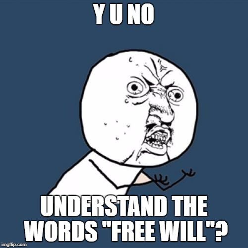Y U No Meme | Y U NO UNDERSTAND THE WORDS "FREE WILL"? | image tagged in memes,y u no | made w/ Imgflip meme maker