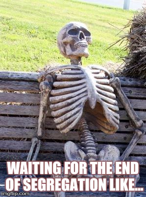 Waiting Skeleton | WAITING FOR THE END OF SEGREGATION LIKE... | image tagged in memes,waiting skeleton | made w/ Imgflip meme maker