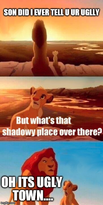 Simba Shadowy Place | SON DID I EVER TELL U UR UGLLY; OH ITS UGLY TOWN.... | image tagged in memes,simba shadowy place | made w/ Imgflip meme maker