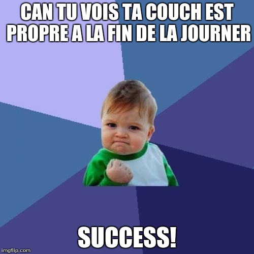 Success Kid | CAN TU VOIS TA COUCH EST PROPRE A LA FIN DE LA JOURNER; SUCCESS! | image tagged in memes,success kid | made w/ Imgflip meme maker