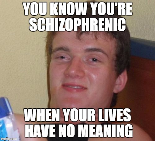 10 Guy Meme | YOU KNOW YOU'RE SCHIZOPHRENIC; WHEN YOUR LIVES HAVE NO MEANING | image tagged in memes,10 guy | made w/ Imgflip meme maker