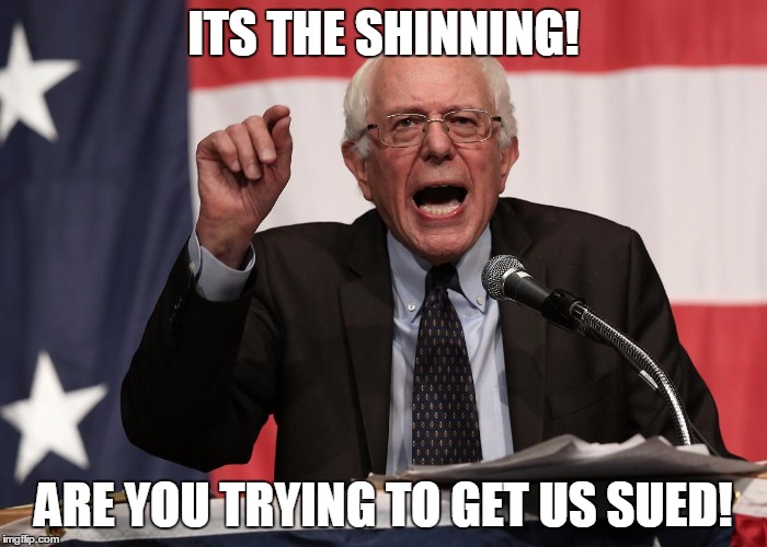 bernie point | ITS THE SHINNING! ARE YOU TRYING TO GET US SUED! | image tagged in bernie point | made w/ Imgflip meme maker