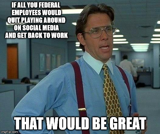 Attention Federal Workers... | IF ALL YOU FEDERAL EMPLOYEES WOULD QUIT PLAYING AROUND ON SOCIAL MEDIA AND GET BACK TO WORK THAT WOULD BE GREAT | image tagged in memes,that would be great,federal employees | made w/ Imgflip meme maker