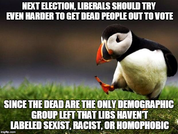 Unpopular Opinion Puffin | NEXT ELECTION, LIBERALS SHOULD TRY EVEN HARDER TO GET DEAD PEOPLE OUT TO VOTE; SINCE THE DEAD ARE THE ONLY DEMOGRAPHIC GROUP LEFT THAT LIBS HAVEN'T LABELED SEXIST, RACIST, OR HOMOPHOBIC | image tagged in memes,unpopular opinion puffin | made w/ Imgflip meme maker