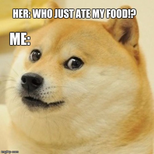 Doge Meme | HER: WHO JUST ATE MY FOOD!? ME: | image tagged in memes,doge | made w/ Imgflip meme maker