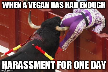 Grab the bull by the horns | WHEN A VEGAN HAS HAD ENOUGH HARASSMENT FOR ONE DAY | image tagged in grabbing the bull by the horns,vegan,veganism,vegan4life,veganfightsback | made w/ Imgflip meme maker