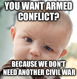 Skeptical Baby Meme | YOU WANT ARMED CONFLICT? BECAUSE WE DON'T NEED ANOTHER CIVIL WAR | image tagged in memes,skeptical baby | made w/ Imgflip meme maker