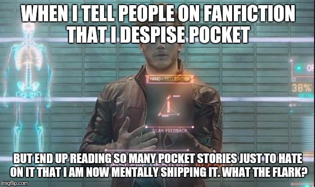 Guardians of the Galaxy: Star-Lord | WHEN I TELL PEOPLE ON FANFICTION THAT I DESPISE POCKET; BUT END UP READING SO MANY POCKET STORIES JUST TO HATE ON IT THAT I AM NOW MENTALLY SHIPPING IT. WHAT THE FLARK? | image tagged in guardians of the galaxy star-lord | made w/ Imgflip meme maker