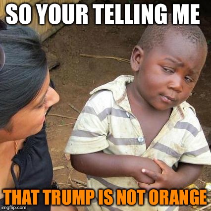 Third World Skeptical Kid Meme | SO YOUR TELLING ME; THAT TRUMP IS NOT ORANGE | image tagged in memes,third world skeptical kid | made w/ Imgflip meme maker