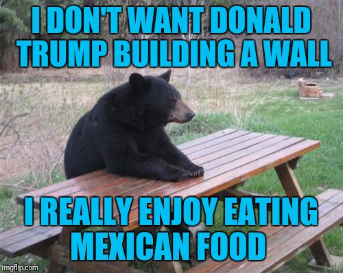 Bad Luck Bear | I DON'T WANT DONALD TRUMP BUILDING A WALL; I REALLY ENJOY EATING MEXICAN FOOD | image tagged in memes,bad luck bear | made w/ Imgflip meme maker