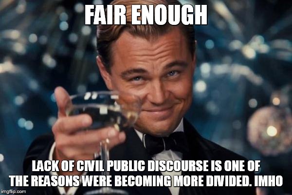 Leonardo Dicaprio Cheers Meme | FAIR ENOUGH; LACK OF CIVIL PUBLIC DISCOURSE IS ONE OF THE REASONS WERE BECOMING MORE DIVIDED. IMHO | image tagged in memes,leonardo dicaprio cheers | made w/ Imgflip meme maker