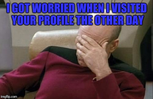 Captain Picard Facepalm Meme | I GOT WORRIED WHEN I VISITED YOUR PROFILE THE OTHER DAY | image tagged in memes,captain picard facepalm | made w/ Imgflip meme maker