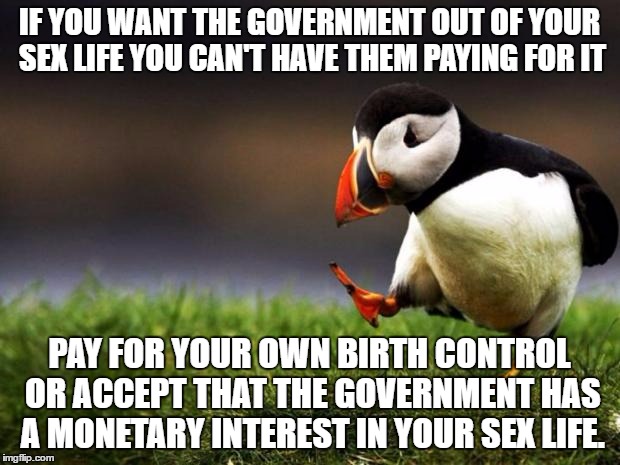 Unpopular Bedroom Opinion Puffin | IF YOU WANT THE GOVERNMENT OUT OF YOUR SEX LIFE YOU CAN'T HAVE THEM PAYING FOR IT; PAY FOR YOUR OWN BIRTH CONTROL OR ACCEPT THAT THE GOVERNMENT HAS A MONETARY INTEREST IN YOUR SEX LIFE. | image tagged in memes,unpopular opinion puffin,birth control,government,taxes | made w/ Imgflip meme maker