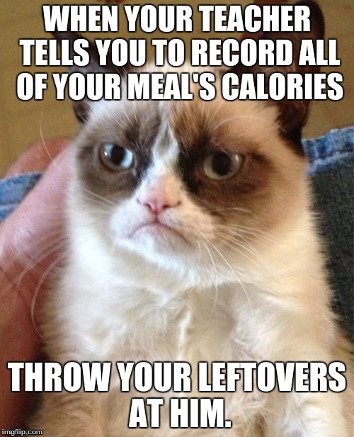 Calories are for chumps | WHEN YOUR TEACHER TELLS YOU TO RECORD ALL OF YOUR MEAL'S CALORIES; THROW YOUR LEFTOVERS AT HIM. | image tagged in memes,grumpy cat,calories,leftovers,teachers,stupid stuff | made w/ Imgflip meme maker