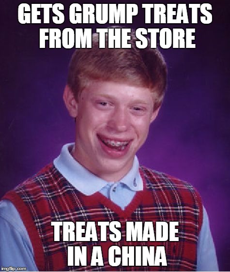 Bad Luck Brian Meme | GETS GRUMP TREATS FROM THE STORE TREATS MADE IN A CHINA | image tagged in memes,bad luck brian | made w/ Imgflip meme maker