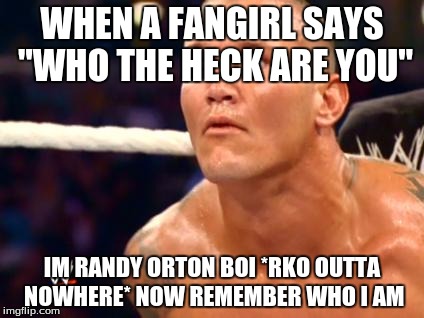 Randy Orton | WHEN A FANGIRL SAYS "WHO THE HECK ARE YOU"; IM RANDY ORTON BOI *RKO OUTTA NOWHERE* NOW REMEMBER WHO I AM | image tagged in randy orton | made w/ Imgflip meme maker