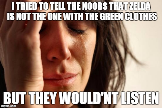 First World Problems Meme | I TRIED TO TELL THE NOOBS THAT ZELDA IS NOT THE ONE WITH THE GREEN CLOTHES; BUT THEY WOULD'NT LISTEN | image tagged in memes,first world problems | made w/ Imgflip meme maker