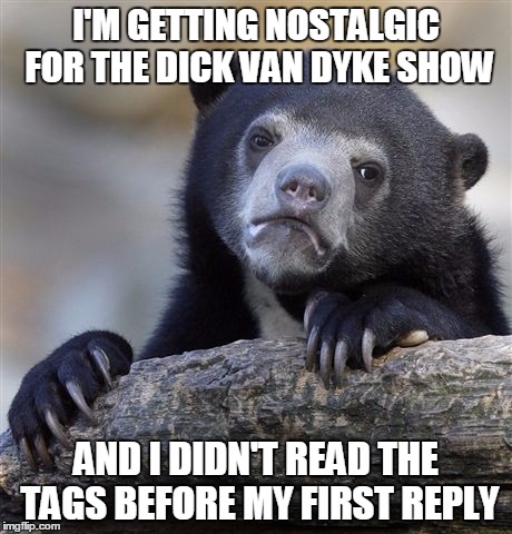 Confession Bear Meme | I'M GETTING NOSTALGIC FOR THE DICK VAN DYKE SHOW AND I DIDN'T READ THE TAGS BEFORE MY FIRST REPLY | image tagged in memes,confession bear | made w/ Imgflip meme maker