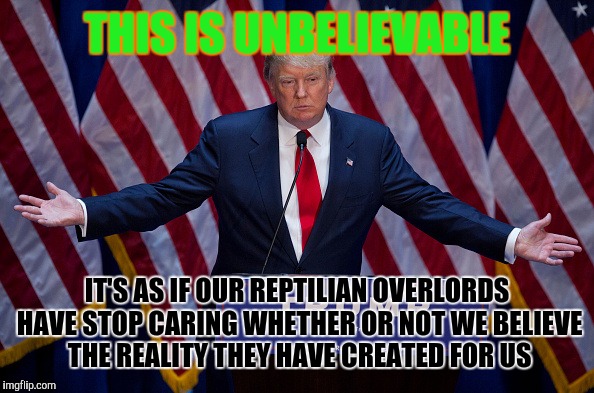 Donald Trump | THIS IS UNBELIEVABLE; IT'S AS IF OUR REPTILIAN OVERLORDS HAVE STOP CARING WHETHER OR NOT WE BELIEVE THE REALITY THEY HAVE CREATED FOR US | image tagged in donald trump | made w/ Imgflip meme maker