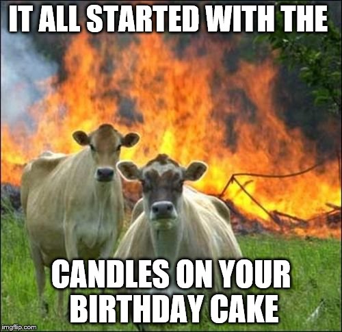 Evil Cows Meme | IT ALL STARTED WITH THE; CANDLES ON YOUR BIRTHDAY CAKE | image tagged in memes,evil cows | made w/ Imgflip meme maker