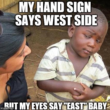 Third World Skeptical Kid Meme | MY HAND SIGN SAYS WEST SIDE; BUT MY EYES SAY "EAST" BABY | image tagged in memes,third world skeptical kid | made w/ Imgflip meme maker
