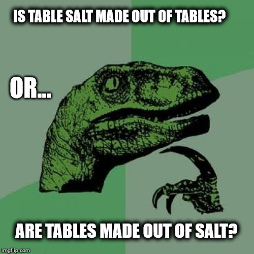 Philosoraptor | IS TABLE SALT MADE OUT OF TABLES? OR... ARE TABLES MADE OUT OF SALT? | image tagged in memes,philosoraptor | made w/ Imgflip meme maker