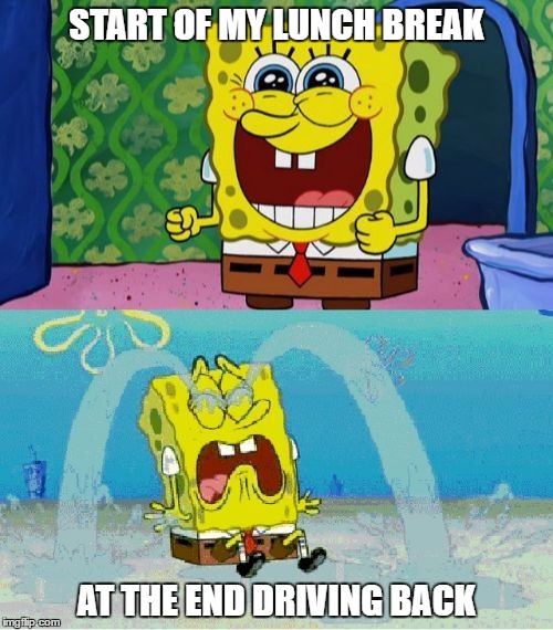 spongebob happy and sad | START OF MY LUNCH BREAK; AT THE END DRIVING BACK | image tagged in spongebob happy and sad | made w/ Imgflip meme maker