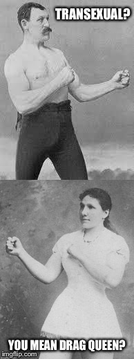 Overly Womanly Man | TRANSEXUAL? YOU MEAN DRAG QUEEN? | image tagged in overly manly man | made w/ Imgflip meme maker