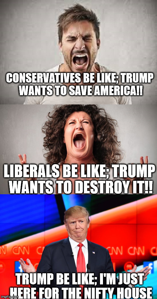 The Nice House | CONSERVATIVES BE LIKE; TRUMP WANTS TO SAVE AMERICA!! LIBERALS BE LIKE; TRUMP WANTS TO DESTROY IT!! TRUMP BE LIKE; I'M JUST HERE FOR THE NIFTY HOUSE | image tagged in trump,liberal vs conservative,conservative,liberals,fuckboi trump,white house | made w/ Imgflip meme maker