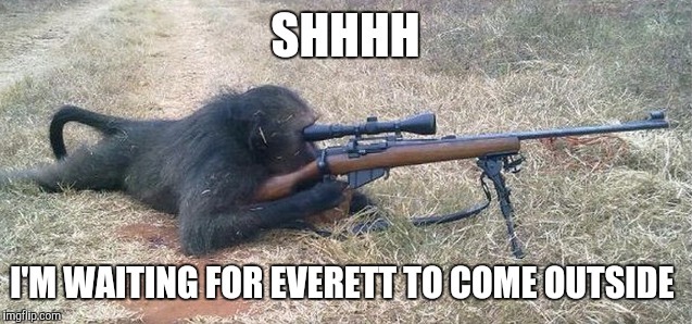 My friend Everett really thinks animals are going to unite and turn on us.  | SHHHH; I'M WAITING FOR EVERETT TO COME OUTSIDE | image tagged in sniper monkey | made w/ Imgflip meme maker