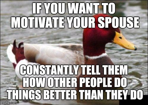 It'll be great for your marriage | IF YOU WANT TO MOTIVATE YOUR SPOUSE; CONSTANTLY TELL THEM HOW OTHER PEOPLE DO THINGS BETTER THAN THEY DO | image tagged in memes,malicious advice mallard | made w/ Imgflip meme maker