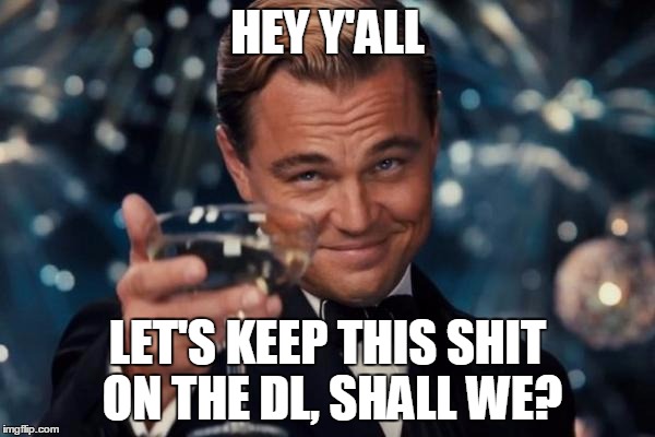 Leonardo Dicaprio Cheers | HEY Y'ALL; LET'S KEEP THIS SHIT ON THE DL, SHALL WE? | image tagged in memes,leonardo dicaprio cheers | made w/ Imgflip meme maker