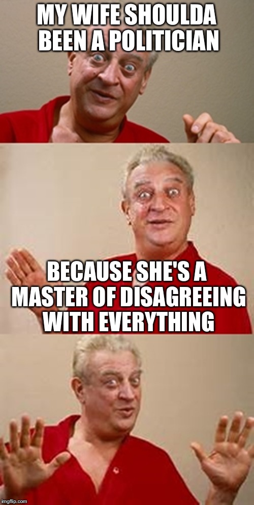 bad pun Dangerfield  | MY WIFE SHOULDA BEEN A POLITICIAN; BECAUSE SHE'S A MASTER OF DISAGREEING WITH EVERYTHING | image tagged in bad pun dangerfield,memes | made w/ Imgflip meme maker
