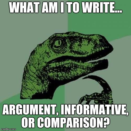 Philosoraptor Meme | WHAT AM I TO WRITE... ARGUMENT, INFORMATIVE, OR COMPARISON? | image tagged in memes,philosoraptor | made w/ Imgflip meme maker