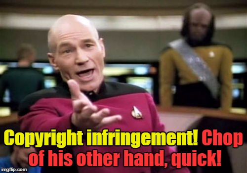 Picard Wtf Meme | Copyright infringement! Chop of his other hand, quick! Copyright infringement! | image tagged in memes,picard wtf | made w/ Imgflip meme maker