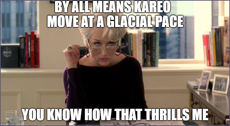 Devil Wears Prada Kareo | BY ALL MEANS KAREO 
MOVE AT A GLACIAL PACE; YOU KNOW HOW THAT THRILLS ME | image tagged in devil wears prada kareo | made w/ Imgflip meme maker
