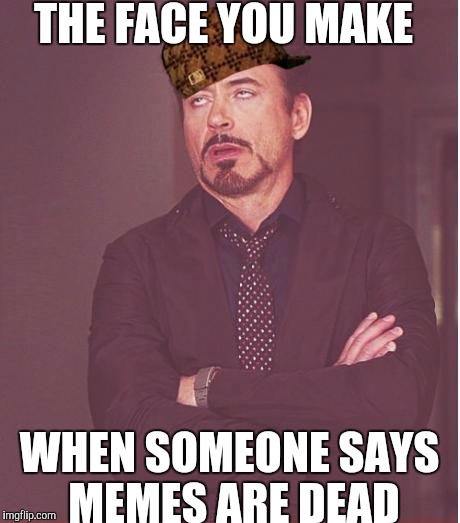 Face You Make Robert Downey Jr | THE FACE YOU MAKE; WHEN SOMEONE SAYS MEMES ARE DEAD | image tagged in memes,face you make robert downey jr,scumbag | made w/ Imgflip meme maker