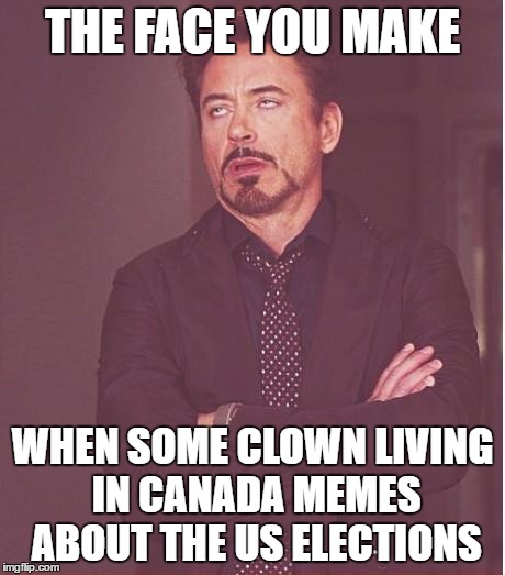 Srsly... you have no credibility after electing Justin Trudeau | THE FACE YOU MAKE; WHEN SOME CLOWN LIVING IN CANADA MEMES ABOUT THE US ELECTIONS | image tagged in memes,face you make robert downey jr | made w/ Imgflip meme maker