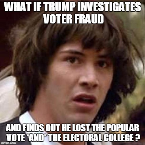 Conspiracy Keanu | WHAT IF TRUMP INVESTIGATES VOTER FRAUD; AND FINDS OUT HE LOST THE POPULAR VOTE *AND* THE ELECTORAL COLLEGE ? | image tagged in memes,conspiracy keanu,politics | made w/ Imgflip meme maker