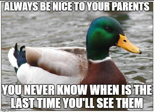 Actual Advice Mallard Meme | ALWAYS BE NICE TO YOUR PARENTS; YOU NEVER KNOW WHEN IS THE LAST TIME YOU'LL SEE THEM | image tagged in memes,actual advice mallard | made w/ Imgflip meme maker